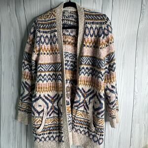 LL Bean Womens Fair Isle Cotton Ragg Open Front Cardigan Size XL Chunky Winter